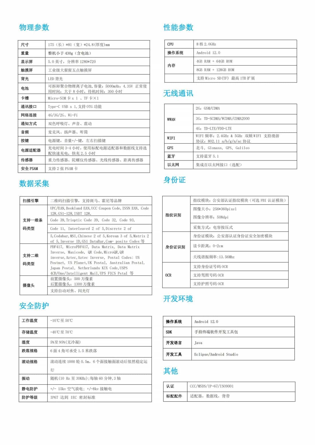 身份证识别PDA产品参数图