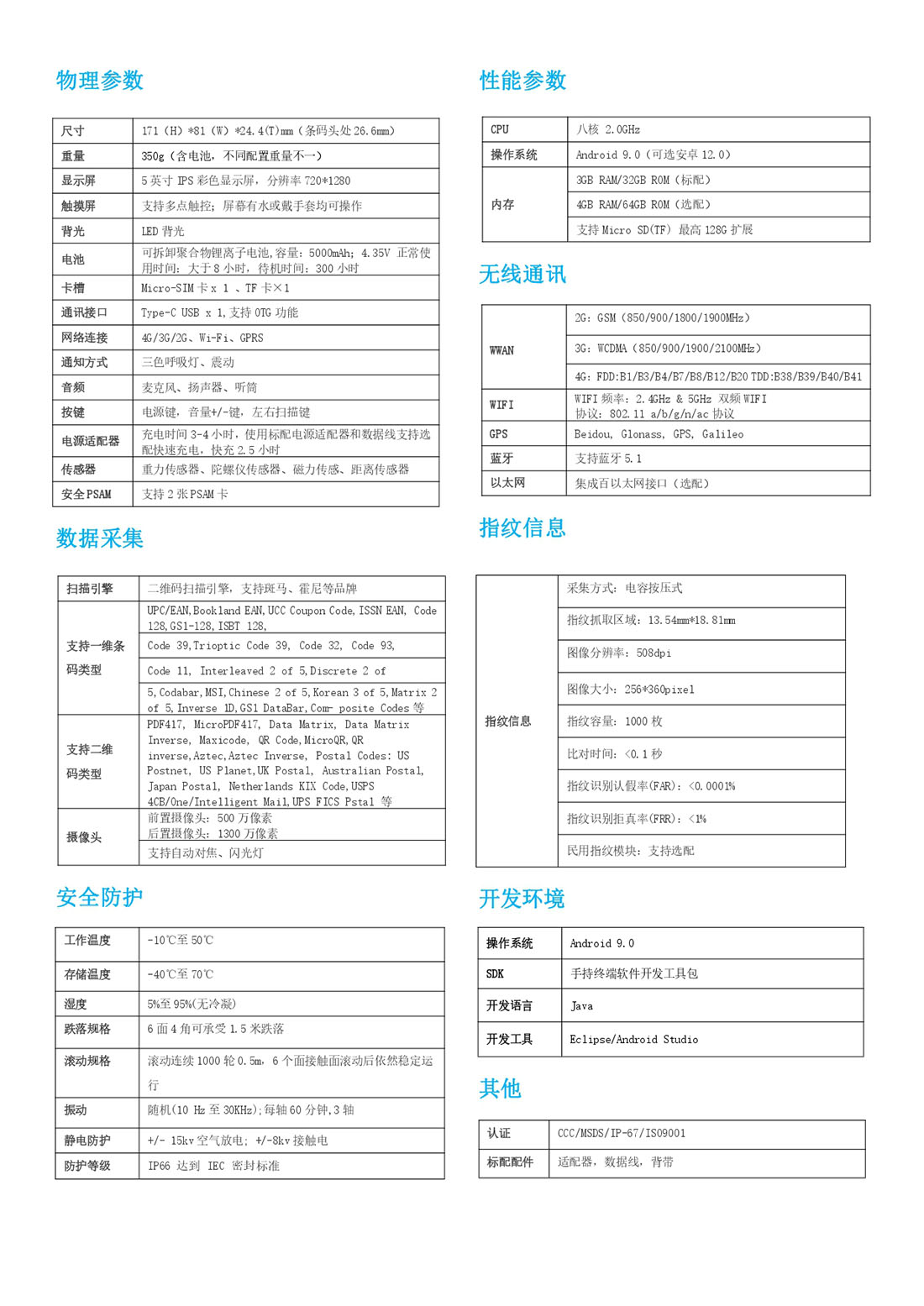 指纹采集PDA产品参数图