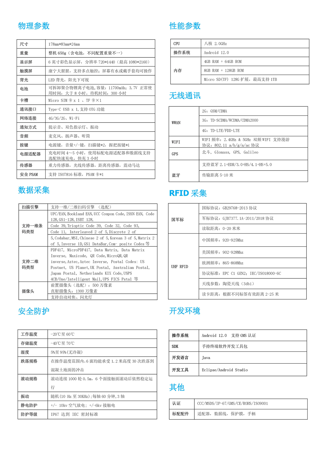 带手柄UHF超高频RFID手持终端读写器参数图