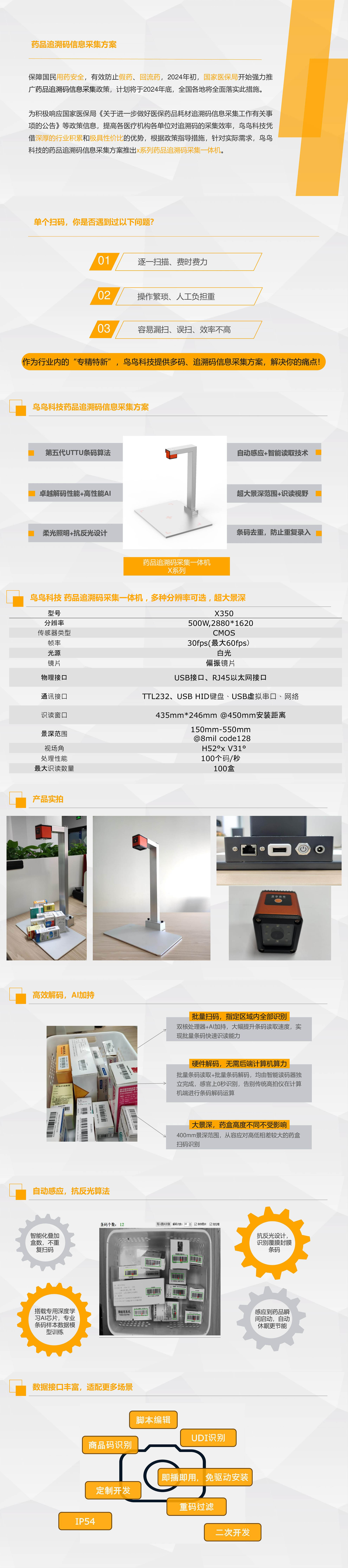 鸟鸟科技的X系列药品追溯码采集一体机详细参数图
