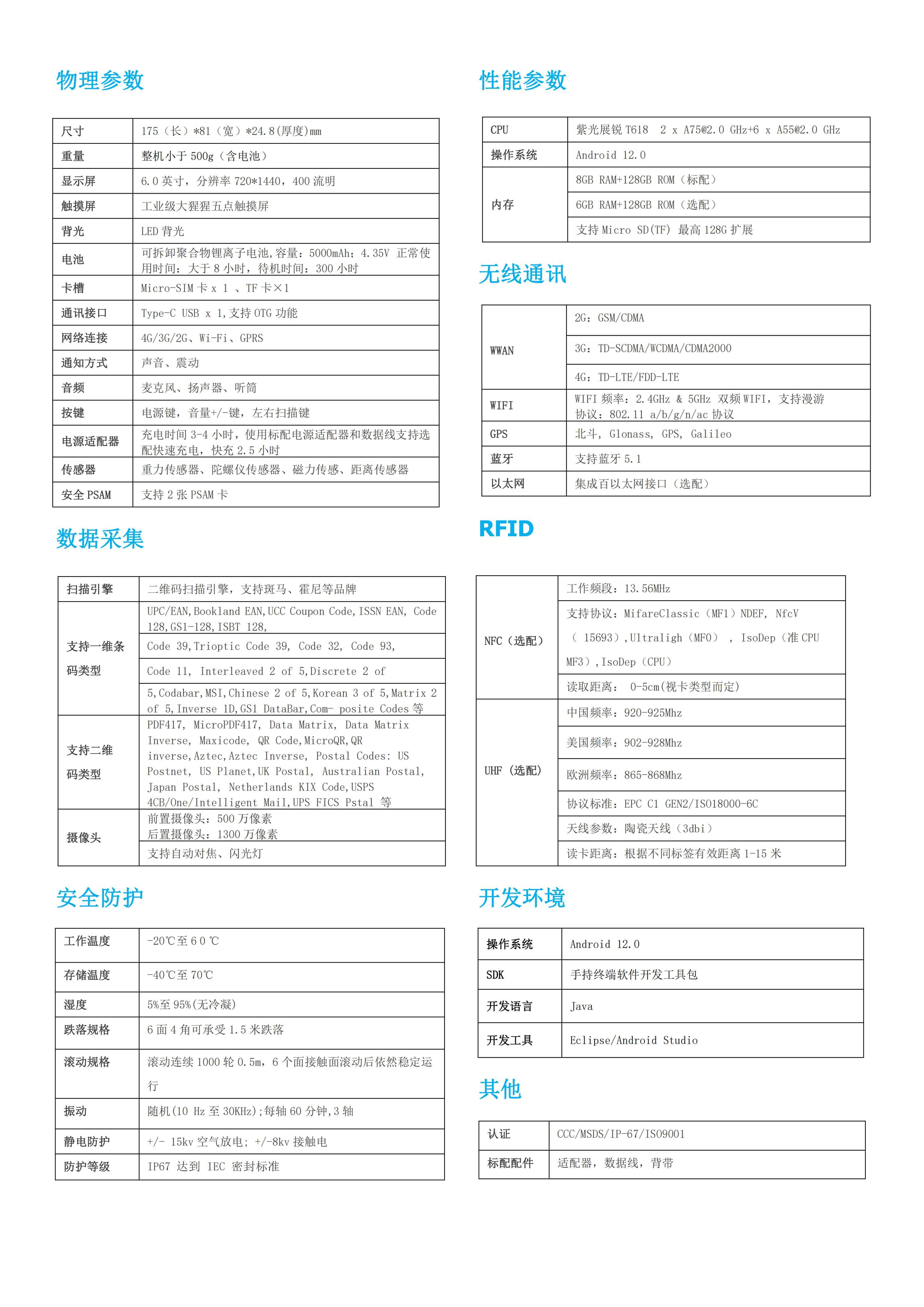 鸟鸟N72U紫光展锐手持终端产品参数图 N72U紫光展锐手持终端 国产芯片三防PDA (NFC+扫码+RFID)(图2)
