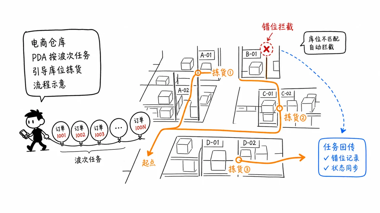 电商仓库PDA按波次任务引导库位拣货流程示意图