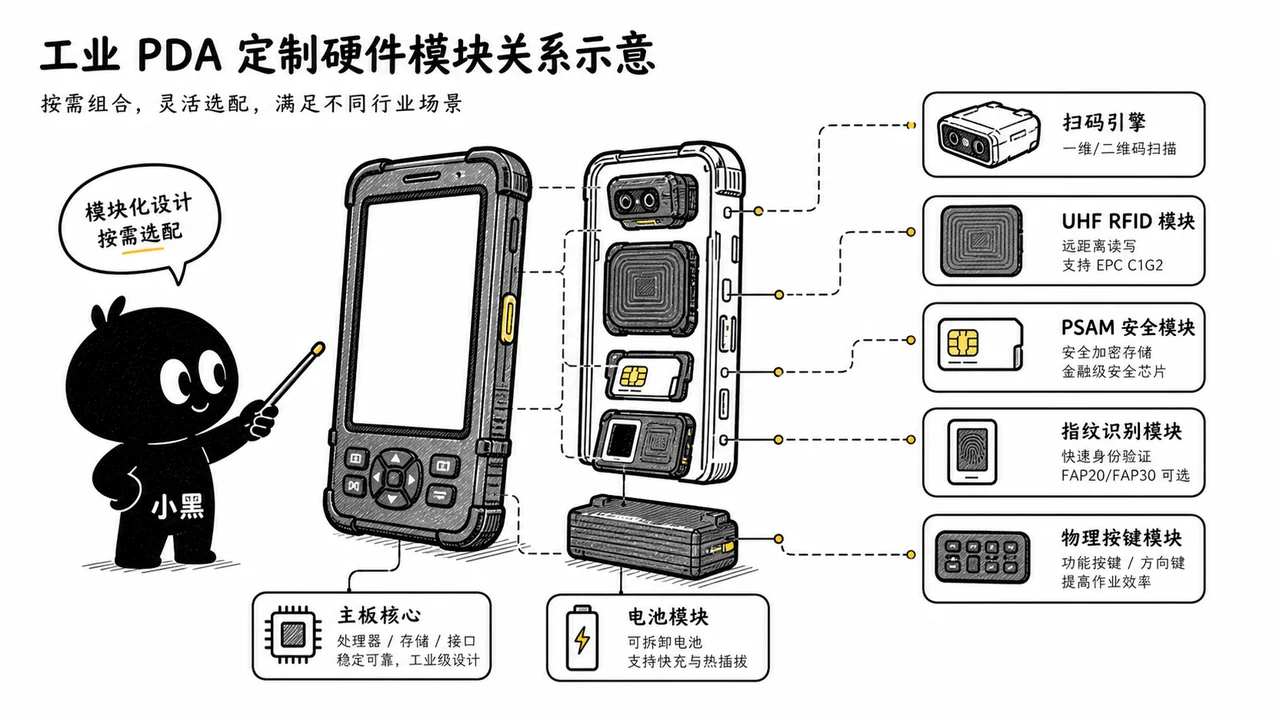 工业 PDA 定制硬件模块关系示意