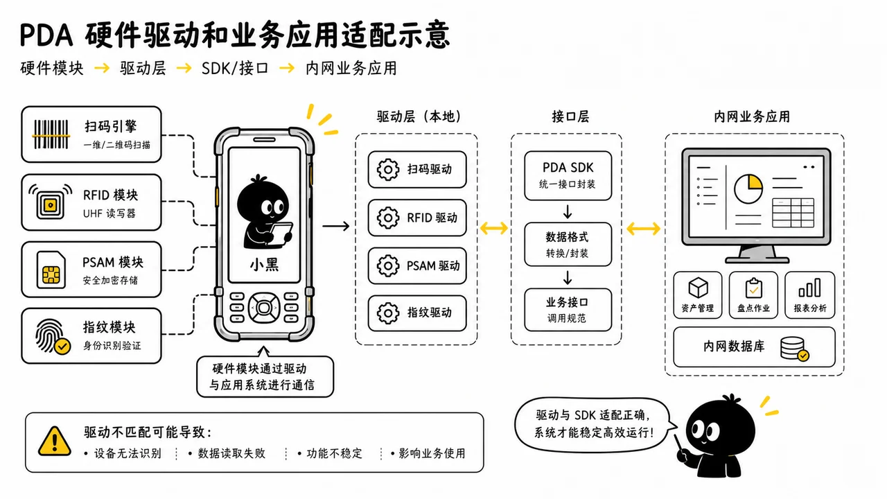 PDA 硬件驱动和业务应用适配示意