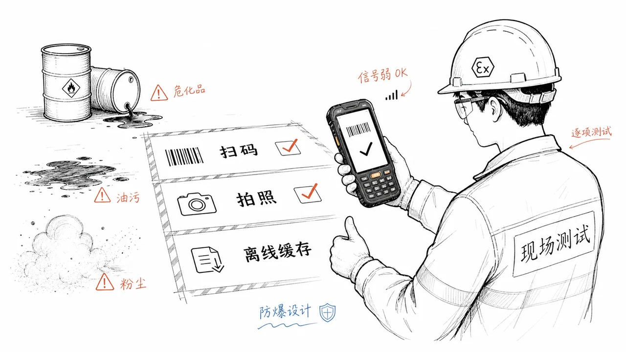 防爆 PDA 扫码 RFID 和巡检模块确认示意