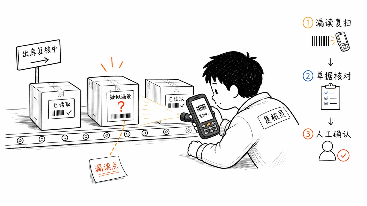 RFID 出入库异常由手持 PDA 补扫复核示意