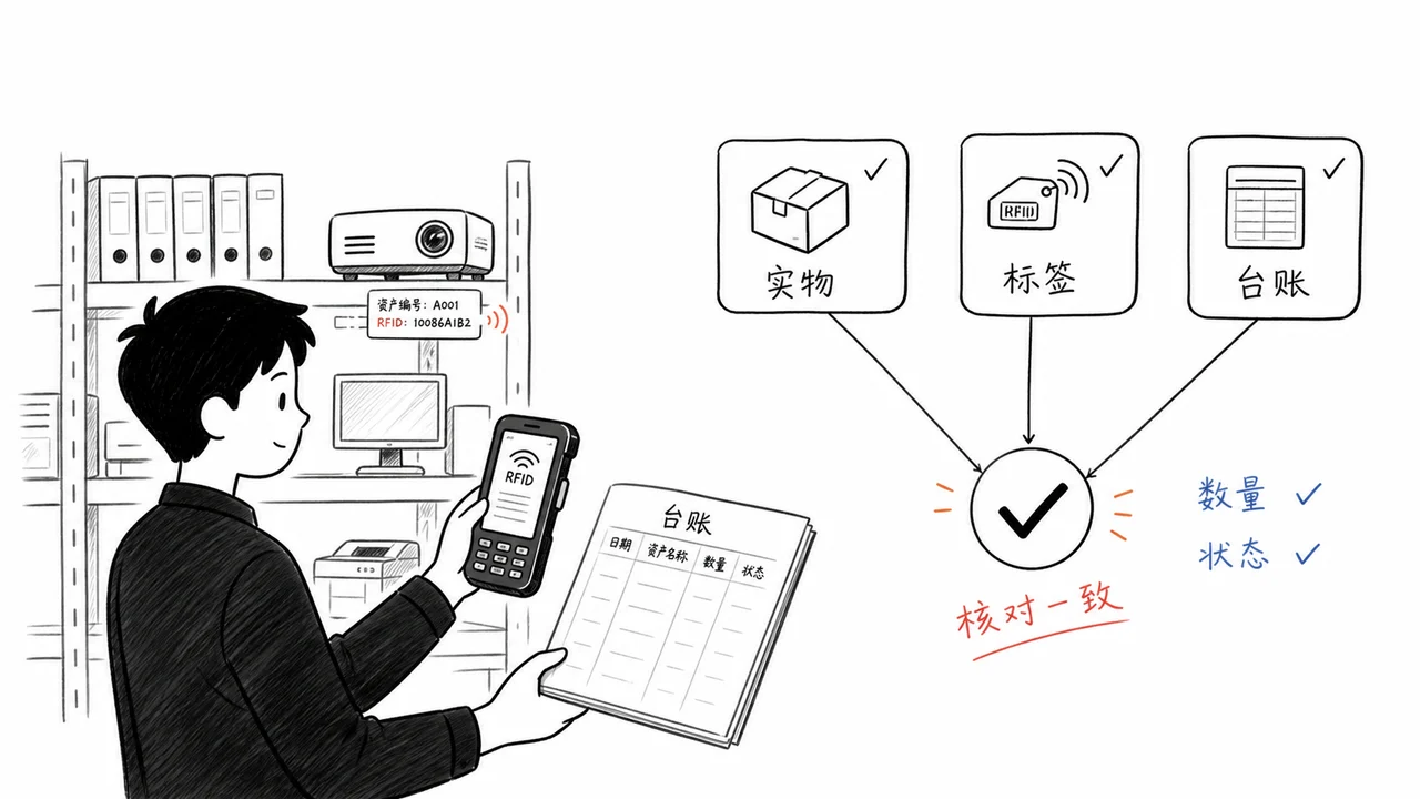 RFID PDA 固定资产盘点账实匹配示意