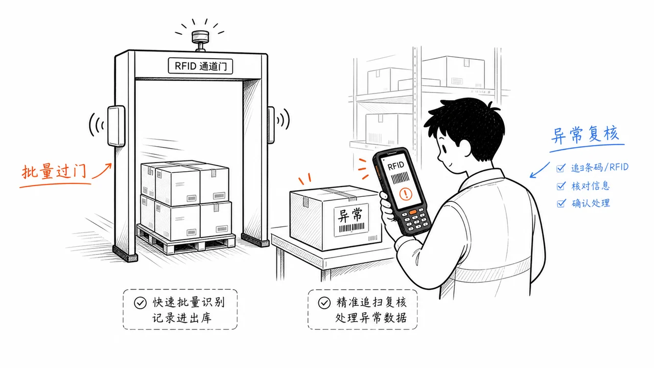 RFID 通道门和手持 PDA 角色分工示意