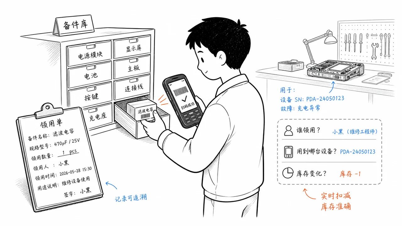 工程师 PDA 领用备件和维修工单绑定示意