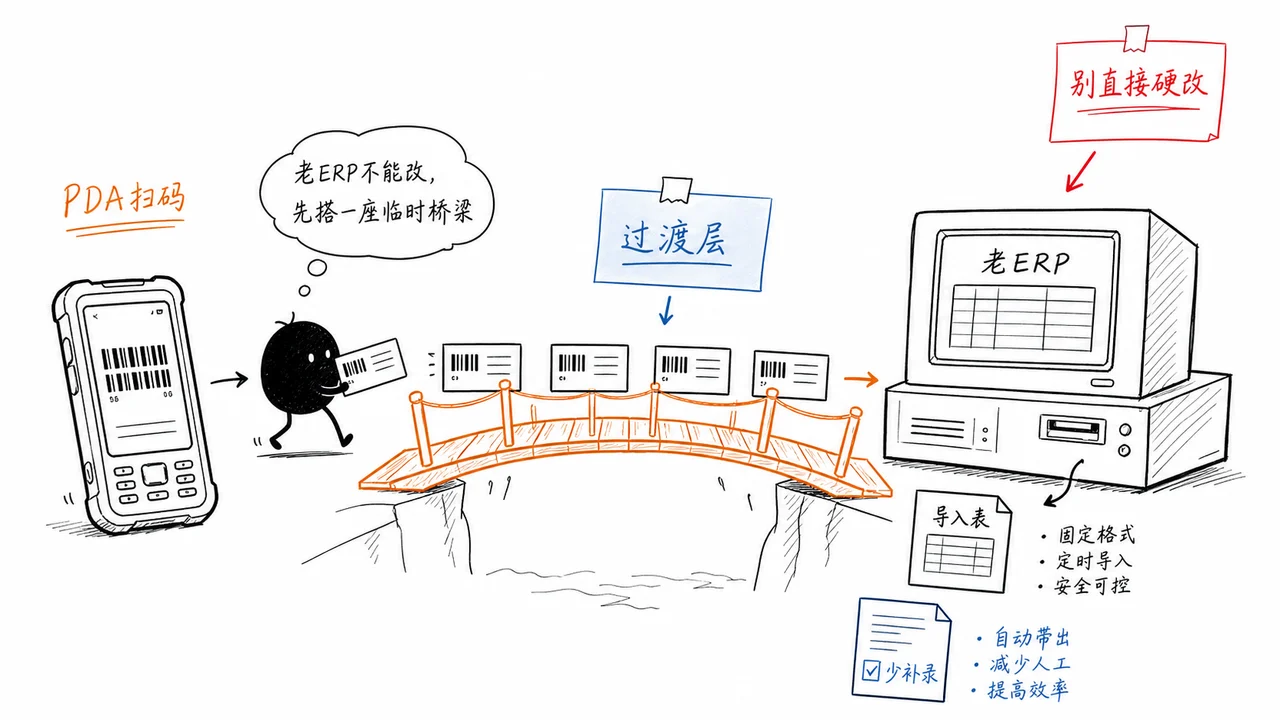 老旧 ERP 与 PDA 数据采集过渡连接示意