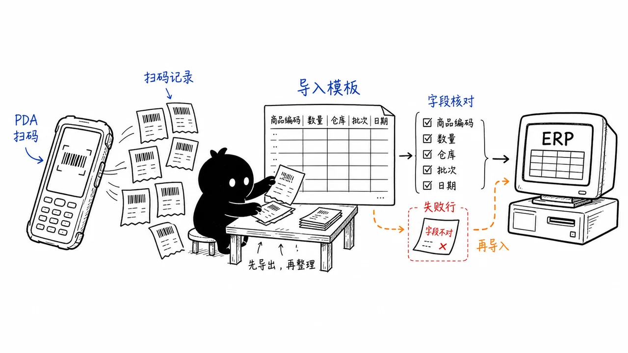 PDA 扫码数据导出模板再导入 ERP 示意