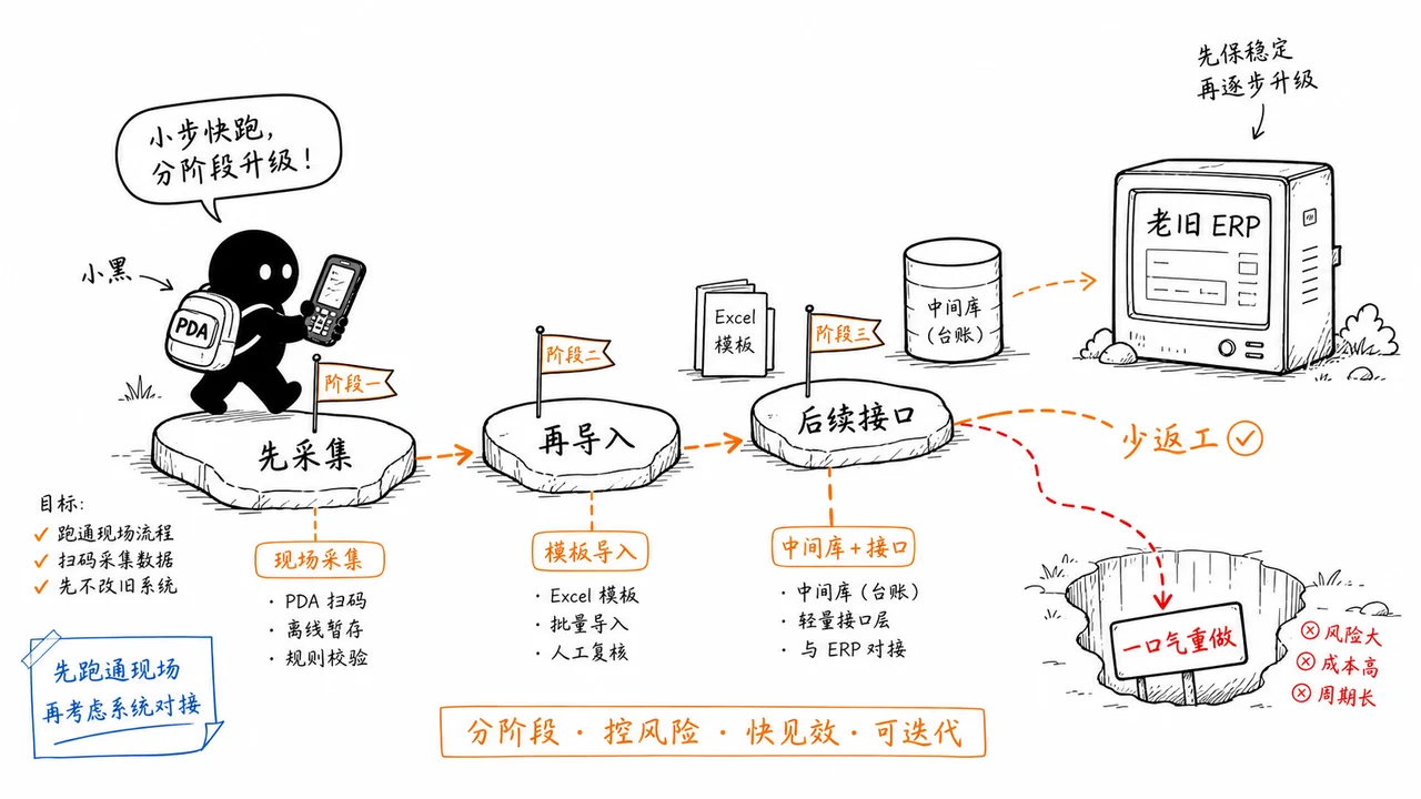 老旧 ERP PDA 项目分阶段升级路线示意