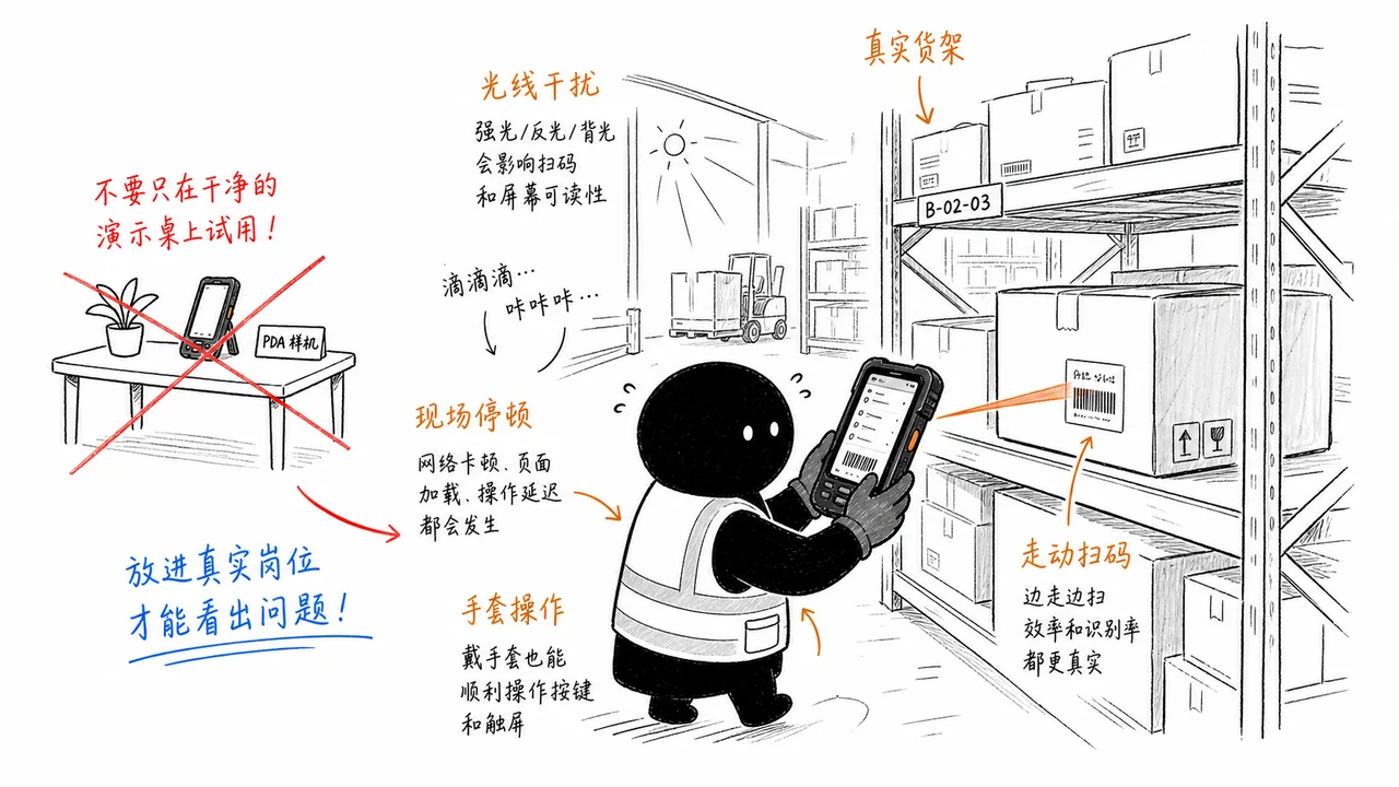 PDA 样机在仓库真实岗位试用示意