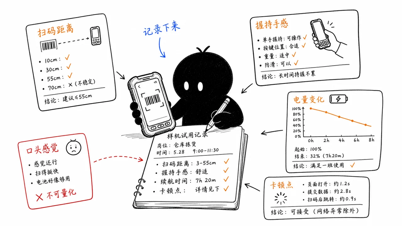 PDA 样机试用记录扫码距离握持续航示意