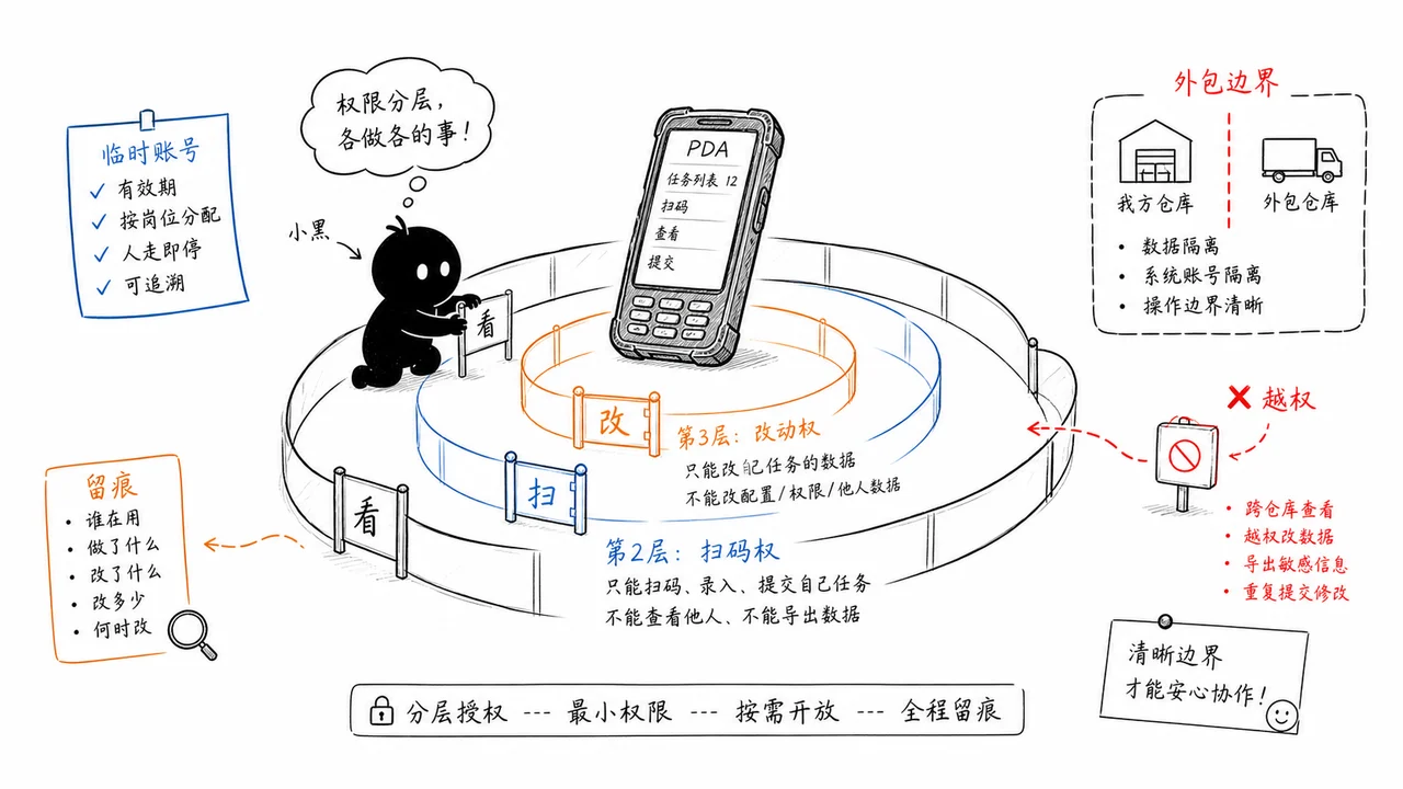 PDA 临时工外包仓库账号权限分层示意