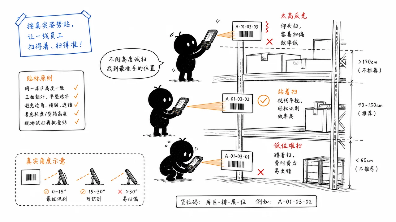 仓库货位标签贴标高度和扫码角度示意