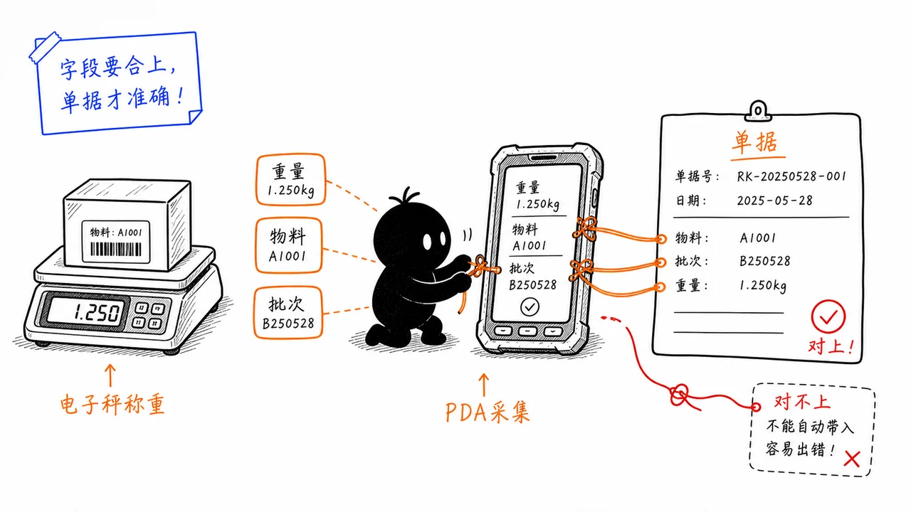 PDA 电子秤称重字段对应系统单据示意