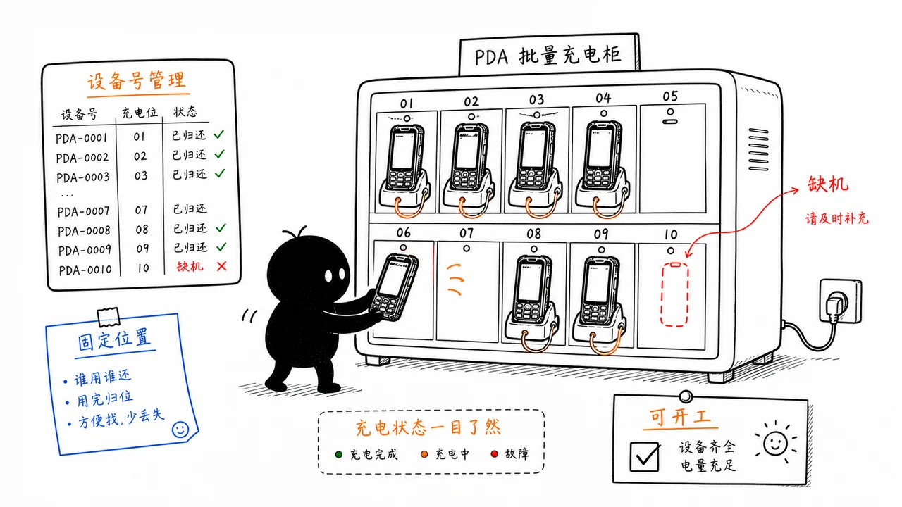 PDA 批量充电柜和设备编号管理示意