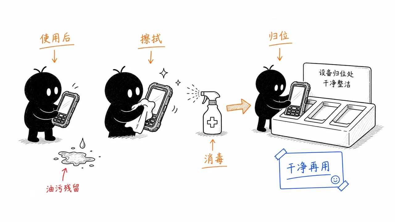 食品加工 PDA 清洁消毒和设备归位示意