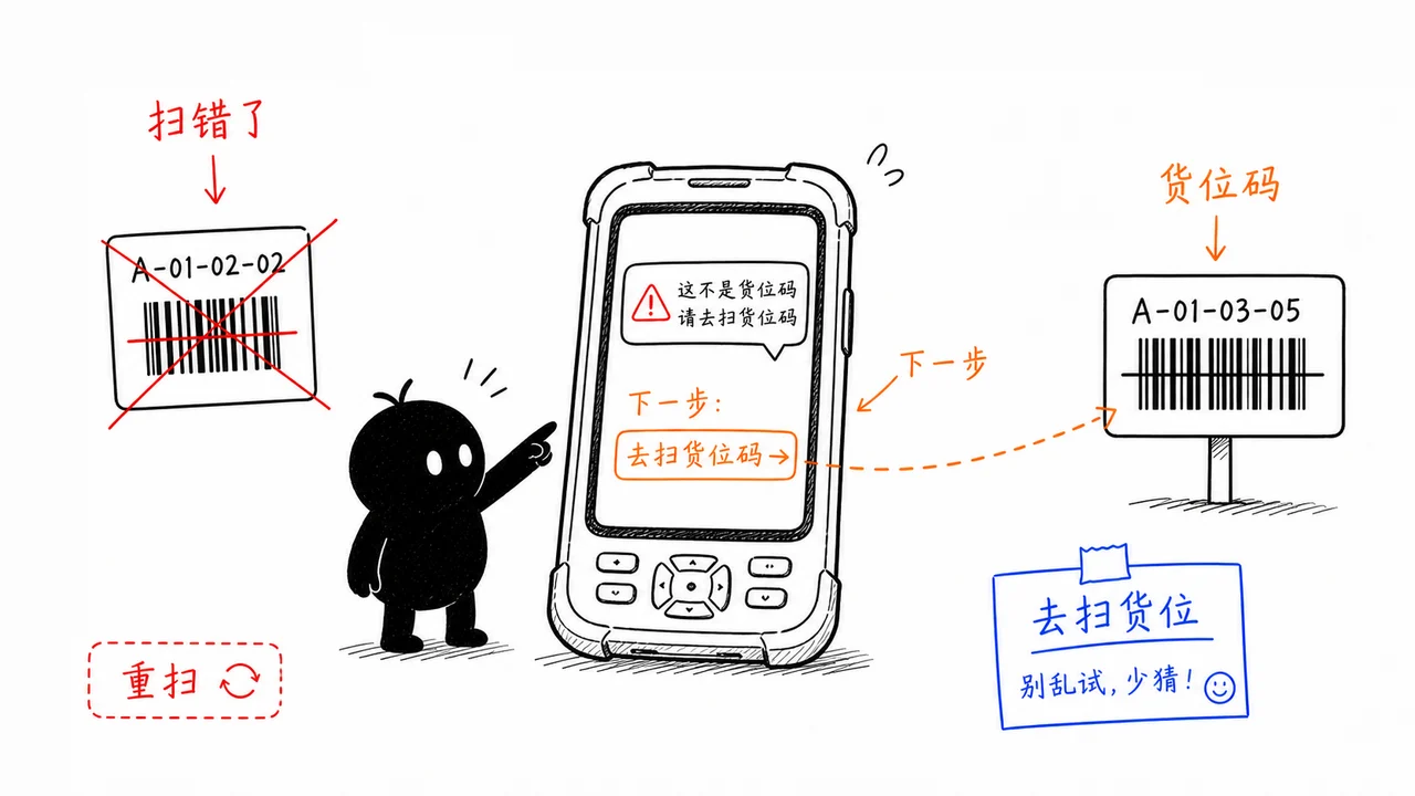 PDA 扫错码后清楚提示下一步示意