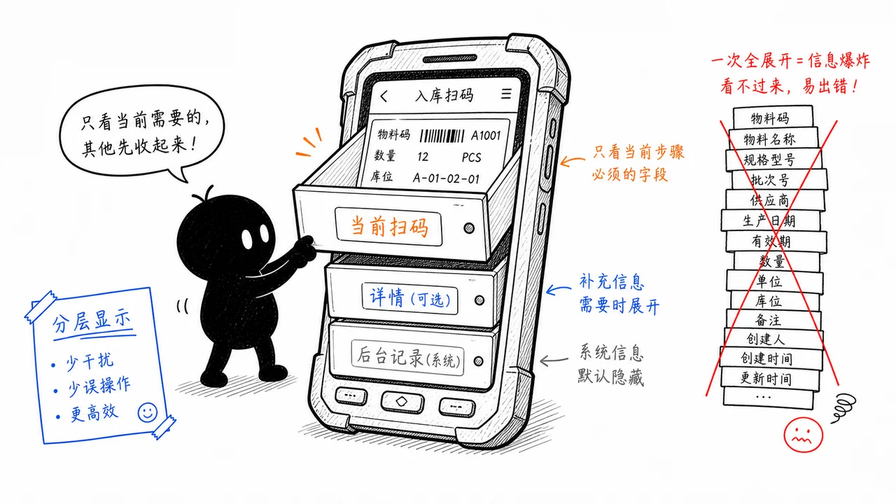 PDA 页面字段按岗位和步骤分层显示示意