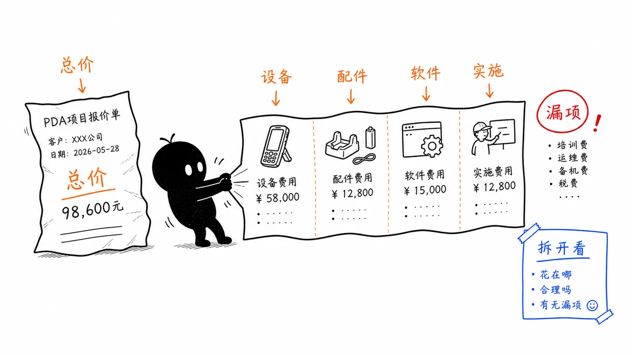 PDA 报价单中设备配件软件实施成本拆分示意