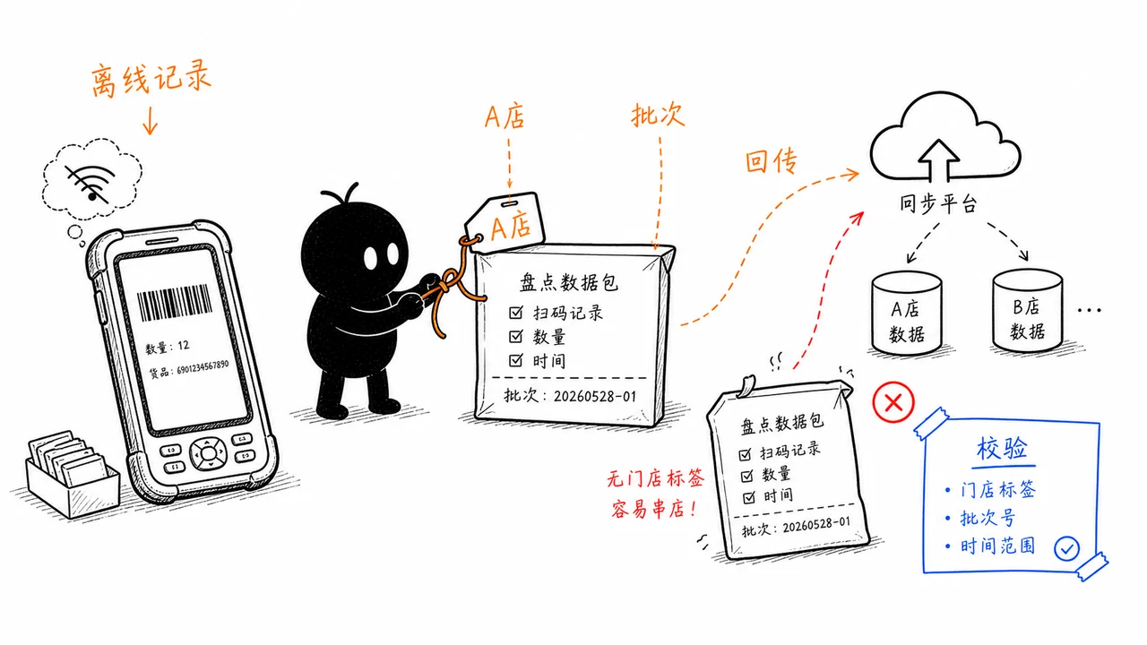 门店 PDA 离线盘点后同步防串店示意