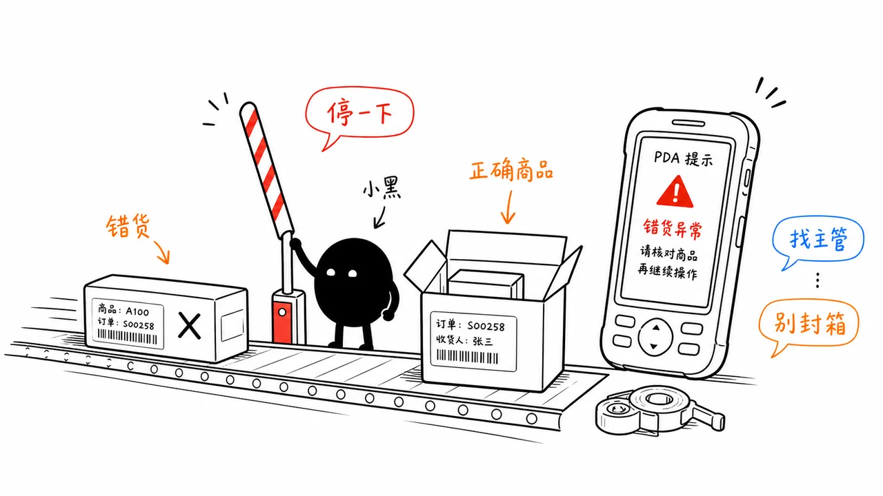 仓库错货异常被 PDA 提示拦截的示意图
