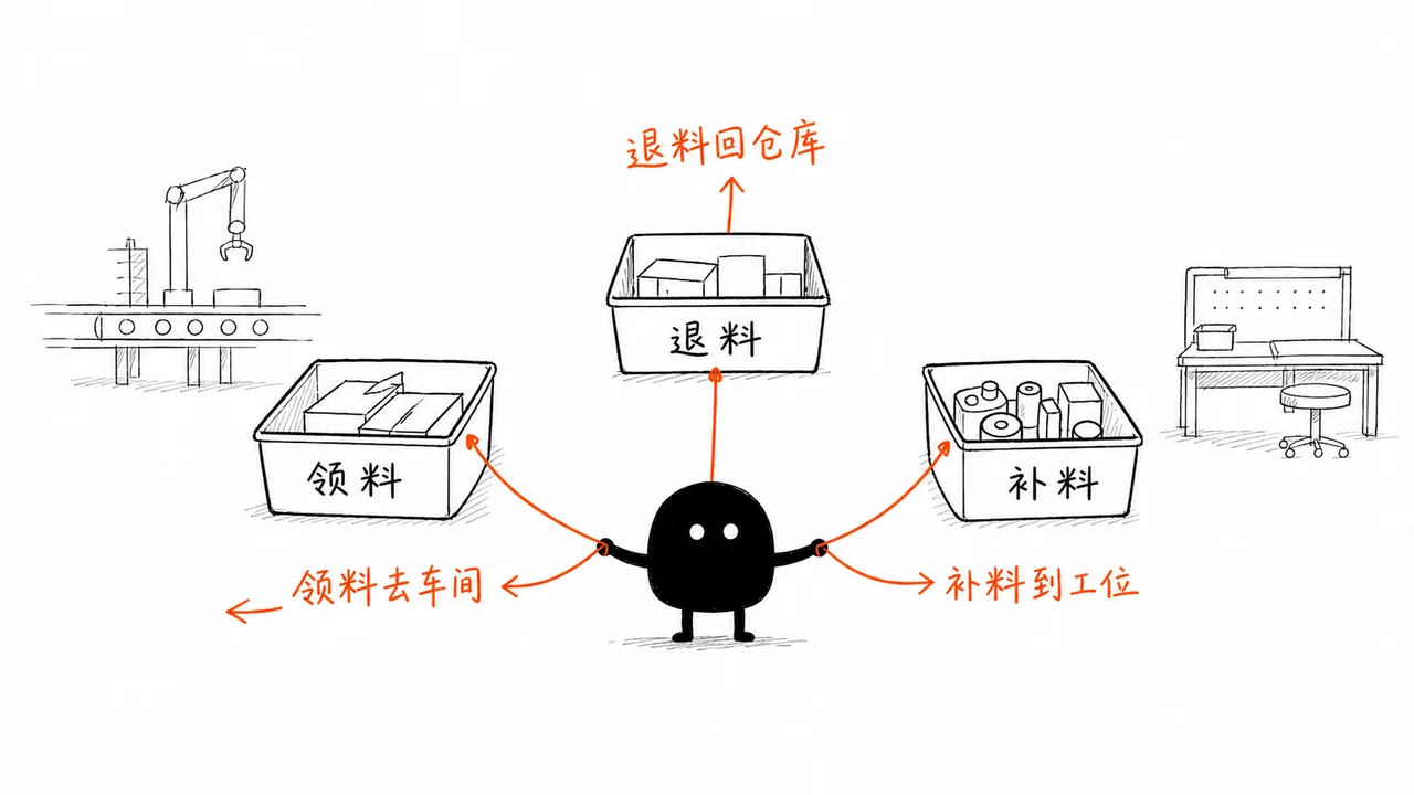 生产领料退料补料三种物料流向示意