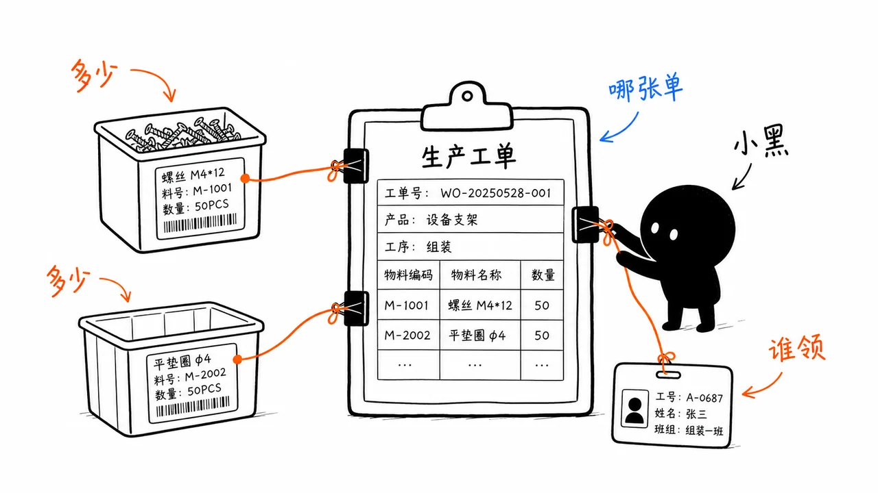 PDA 将物料扫码记录关联到生产工单示意