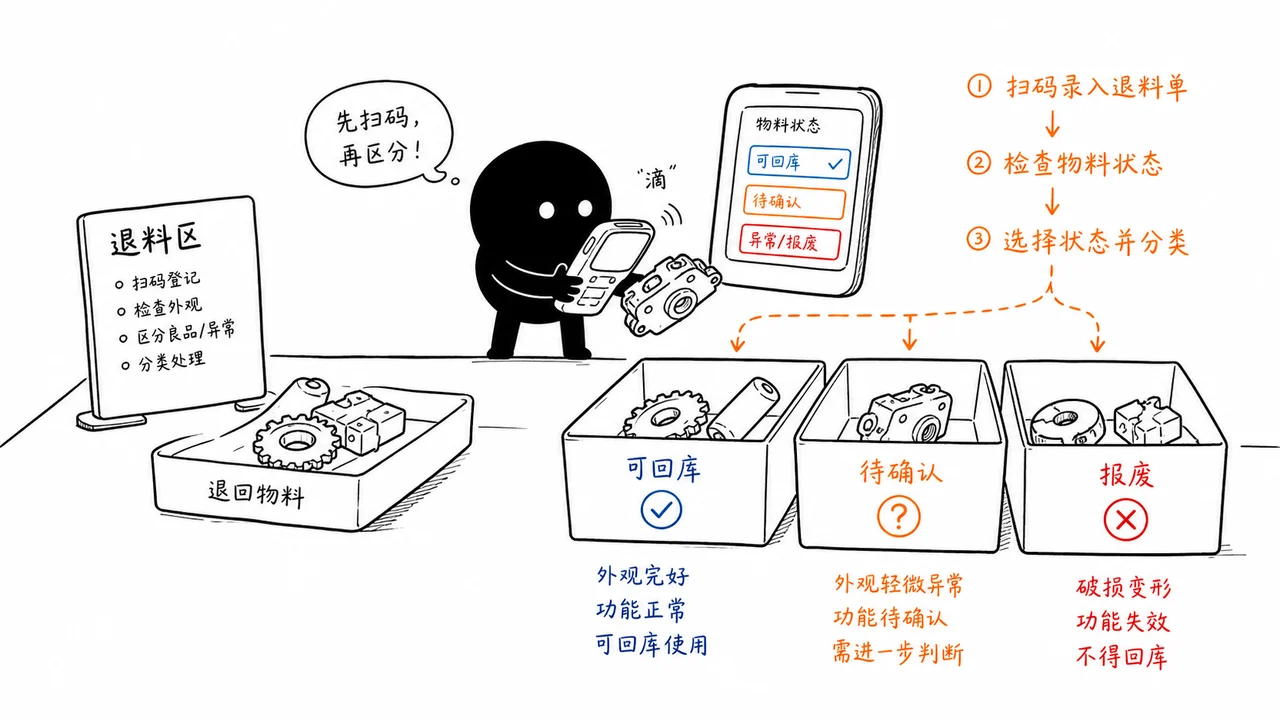 车间退料用 PDA 扫码区分良品和异常物料示意