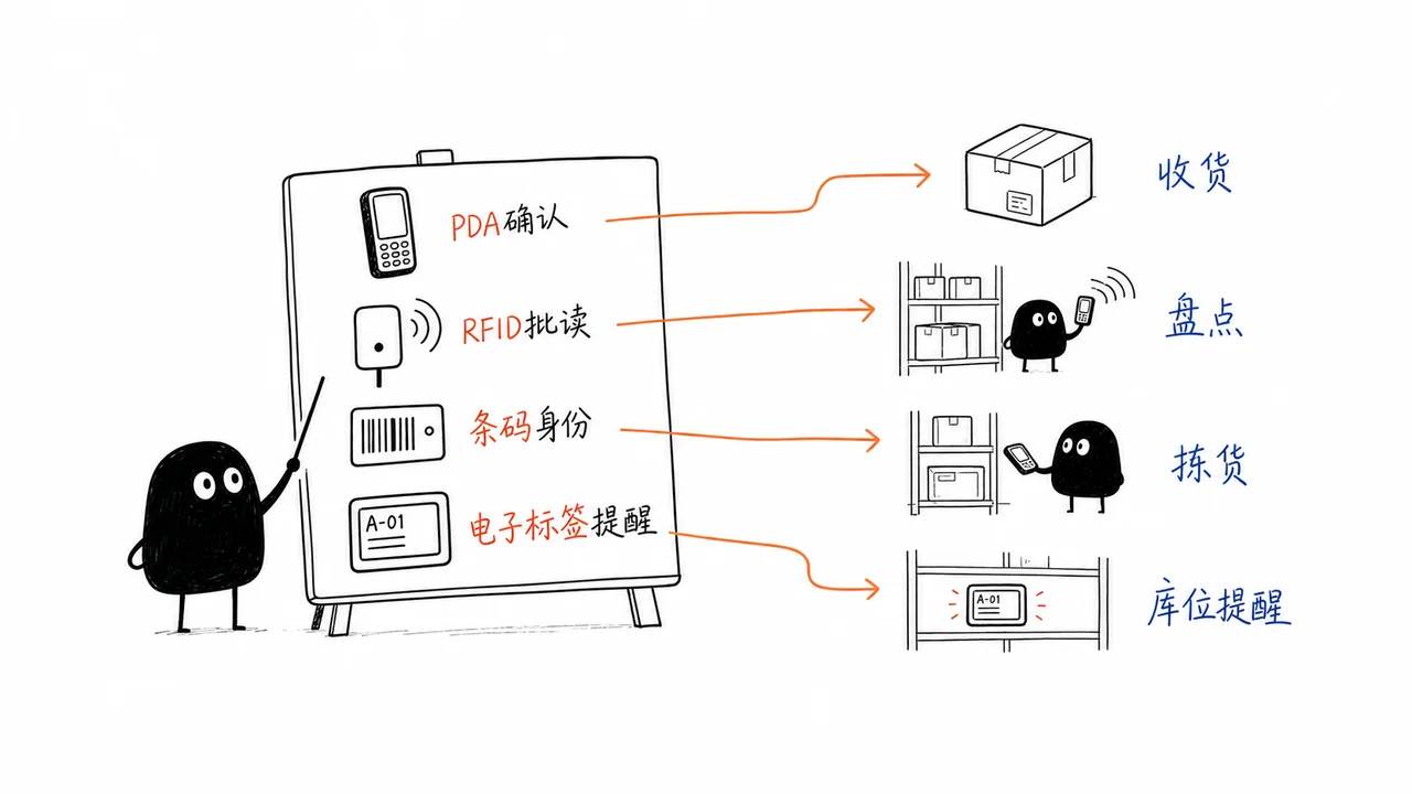 PDA RFID 条码和电子标签在仓库不同动作里的搭配关系示意