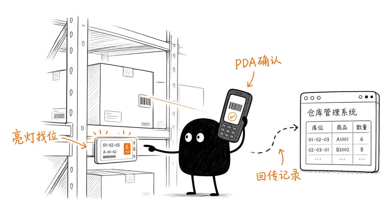 PDA扫码和电子标签亮灯在拣货环节配合使用的仓库场景