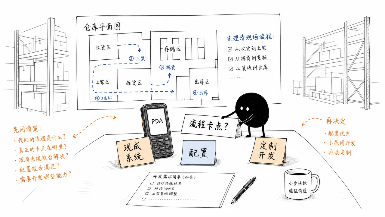 企业讨论PDA扫码出入库系统是否需要定制开发的会议场景
