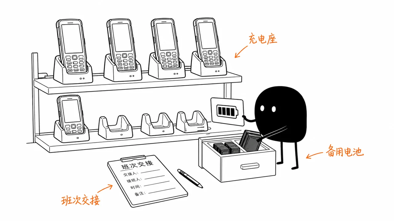 工业PDA续航充电座备用电池和班次交接管理示意 工业PDA续航充电座备用电池和班次交接管理示意