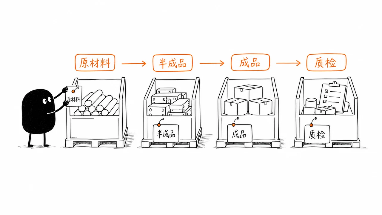 传统制造业仓储中原材料半成品成品和质检状态流转示意