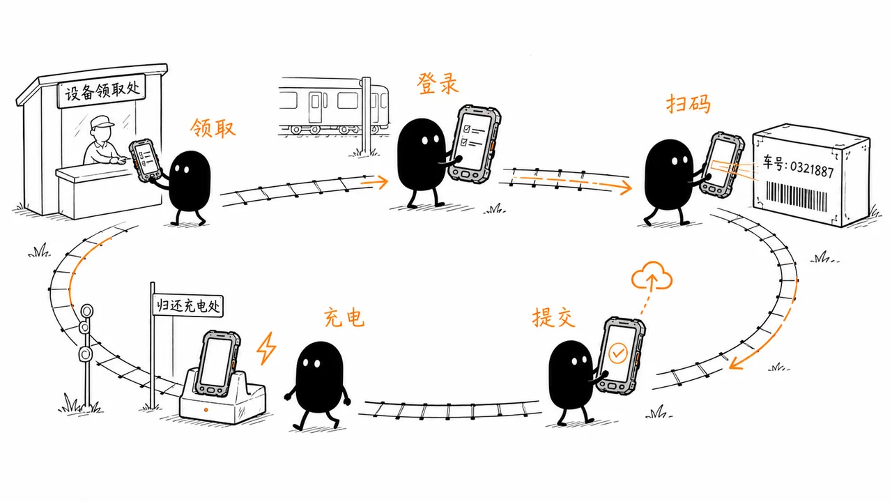 铁路手持终端机从领取设备登录任务扫码记录到归还充电的日常使用流程