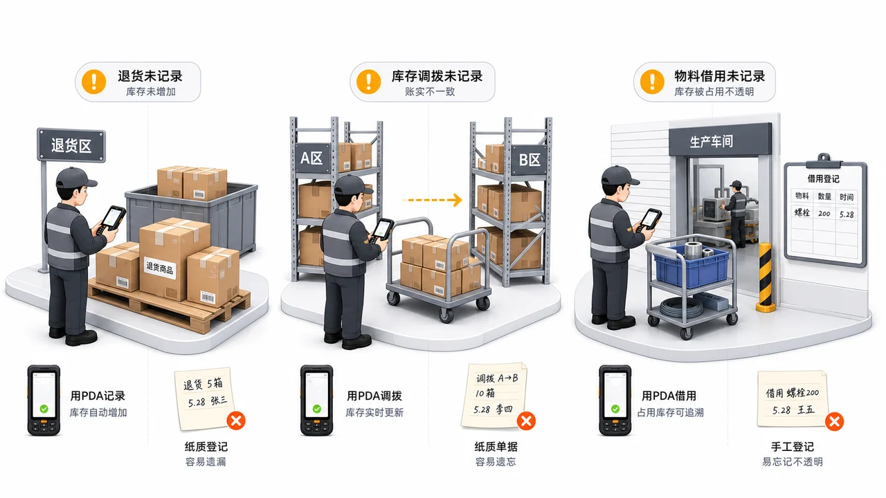 仓库退货移库和临时借料没有及时记录导致库存不准