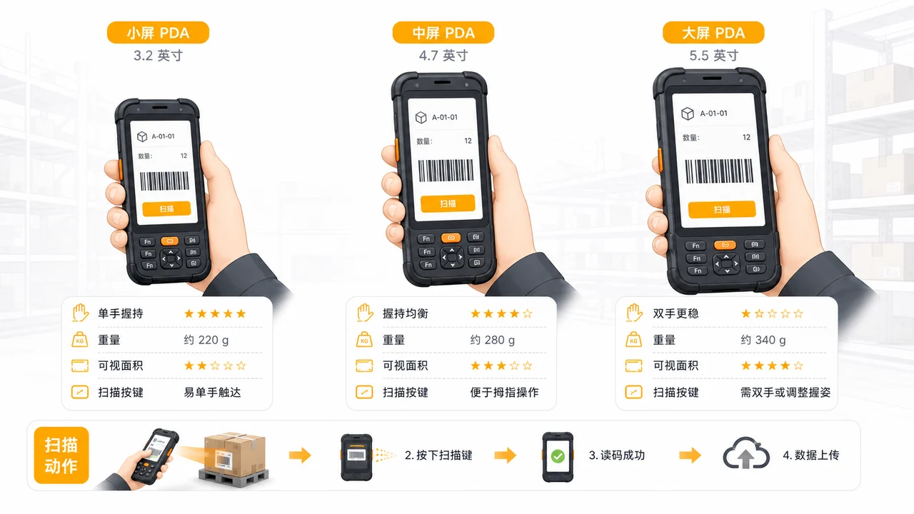 PDA屏幕尺寸与单手握持重量和扫码动作的关系