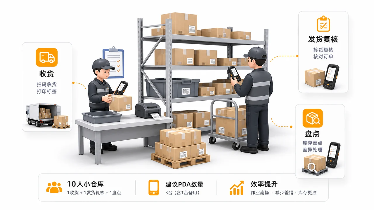 10人小仓库先用PDA覆盖收货发货复核和盘点