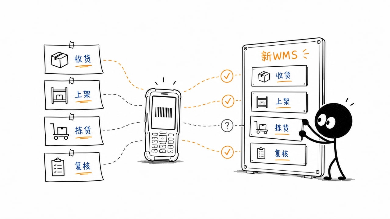新WMS接入旧PDA时业务动作和系统字段对照示意图 新WMS接入旧PDA时业务动作和系统字段对照示意图