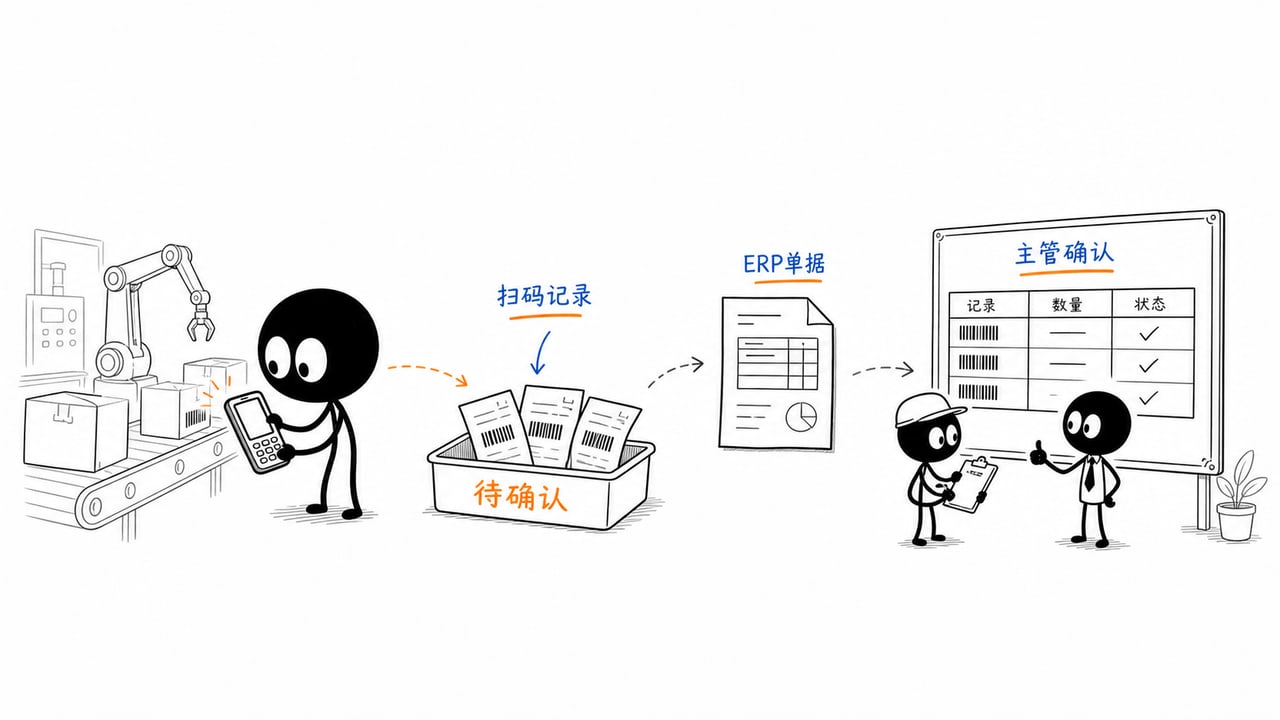 工厂现场扫码数据进入ERP前待确认的示意图 工厂现场扫码数据进入ERP前待确认的示意图