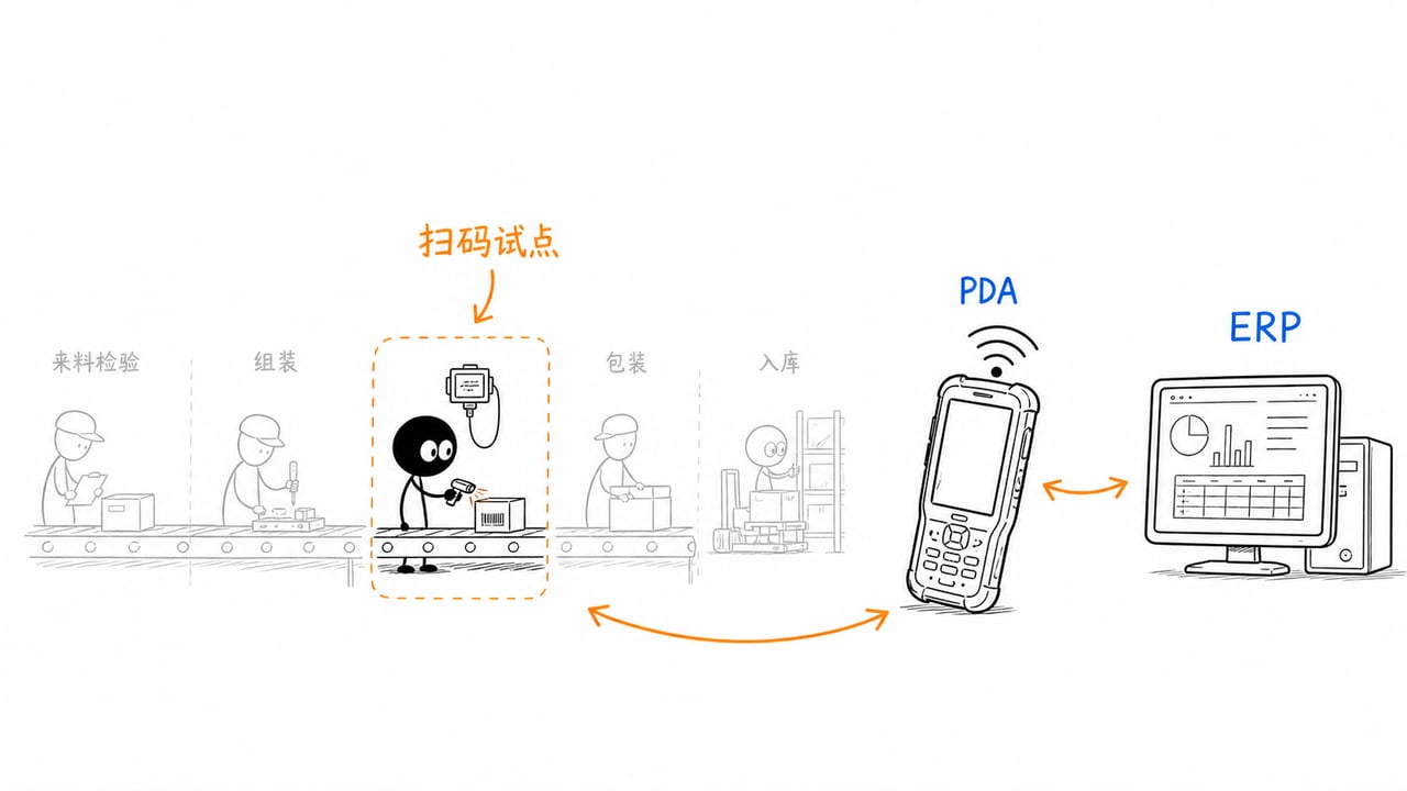 从一个工序试点PDA扫码采集的示意图 从一个工序试点PDA扫码采集的示意图