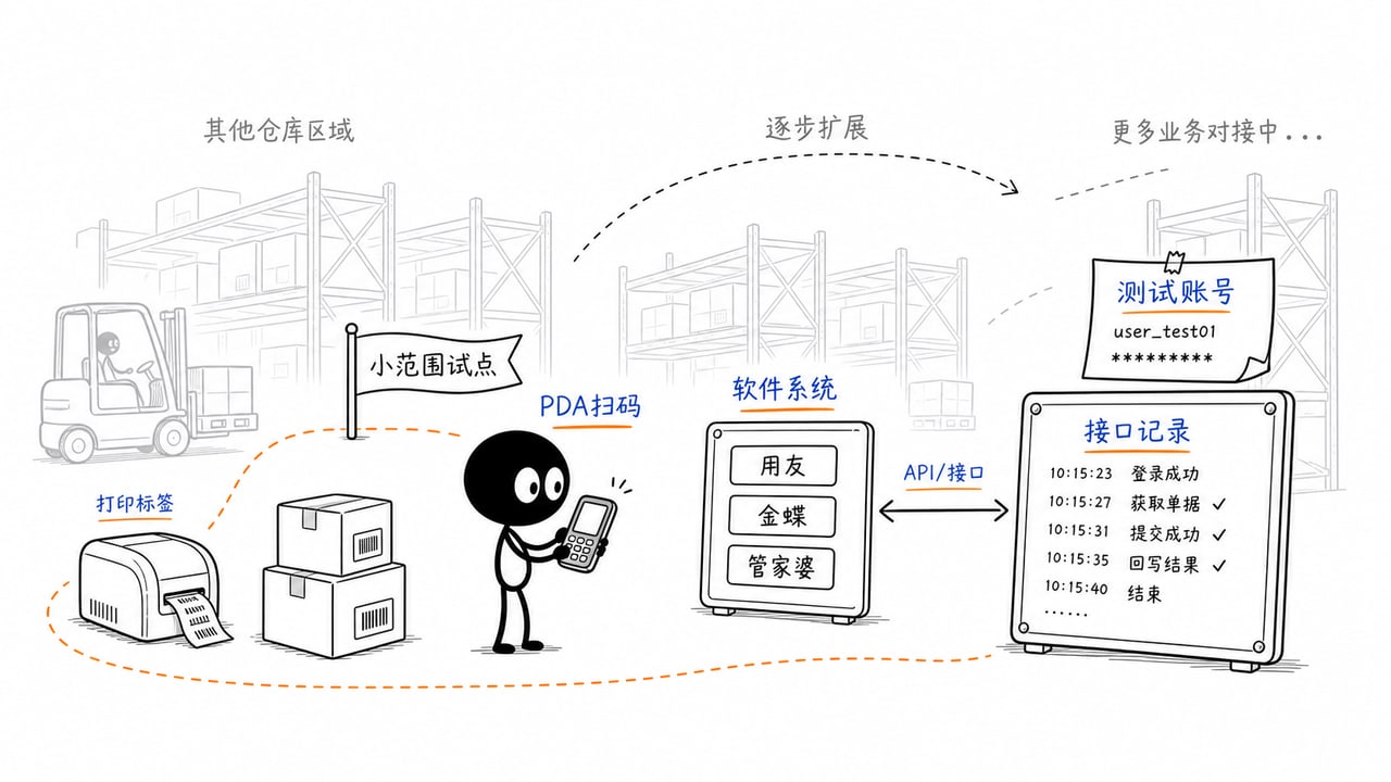 PDA手持机能不能和用友、金蝶、管家婆这些软件对接?的轻量化试点方案示意图 PDA手持机能不能和用友、金蝶、管家婆这些软件对接?的轻量化试点方案示意图