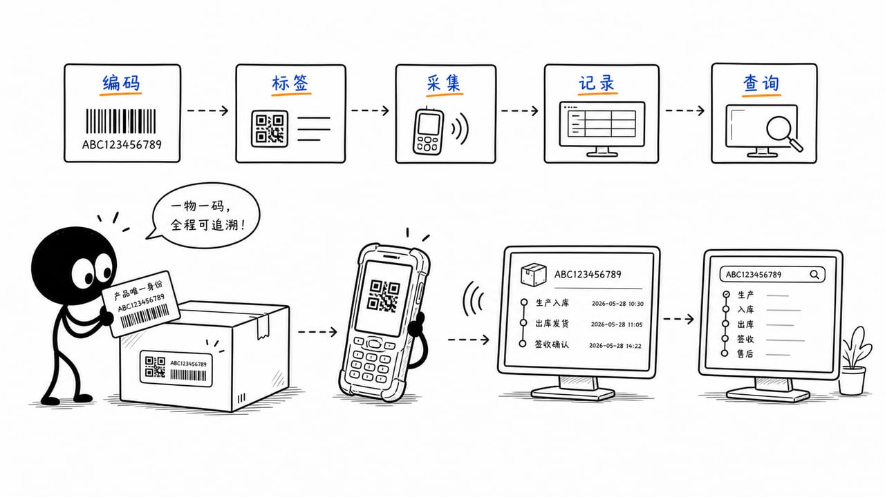 想做一物一码追溯方案,从标签、PDA 到系统要怎么配?的现场动作拆分示意图 想做一物一码追溯方案,从标签、PDA 到系统要怎么配?的现场动作拆分示意图