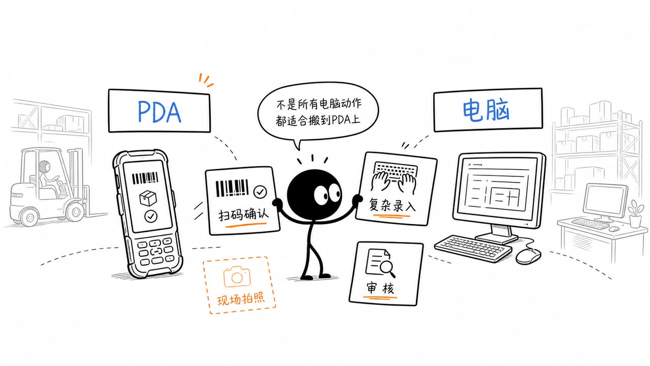 PDA手持机能不能替代电脑开单？仓库现场哪些操作适合移动化的现场动作拆分示意图