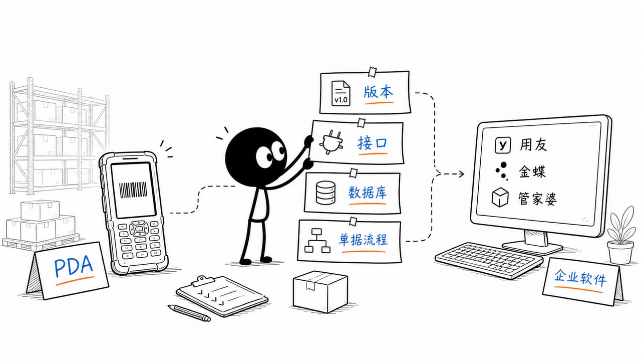 PDA手持机能不能和用友、金蝶、管家婆这些软件对接?的现场动作拆分示意图 PDA手持机能不能和用友、金蝶、管家婆这些软件对接?的现场动作拆分示意图