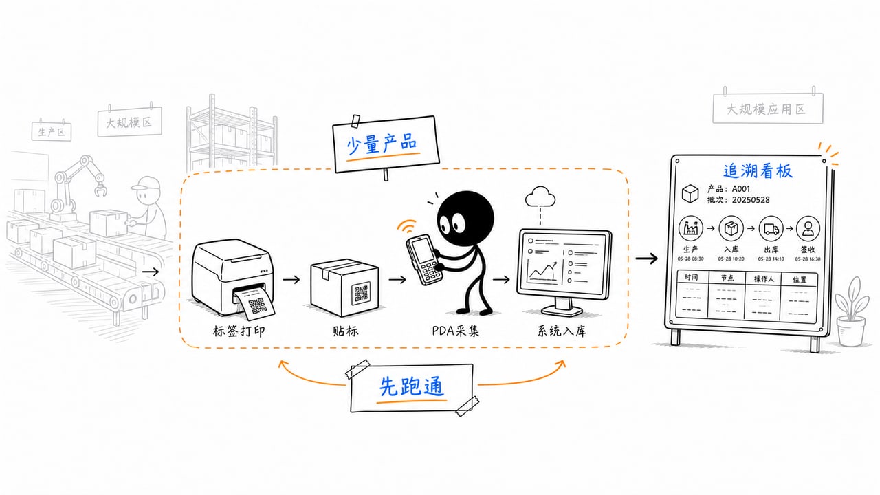 想做一物一码追溯方案,从标签、PDA 到系统要怎么配?的轻量化试点方案示意图 想做一物一码追溯方案,从标签、PDA 到系统要怎么配?的轻量化试点方案示意图