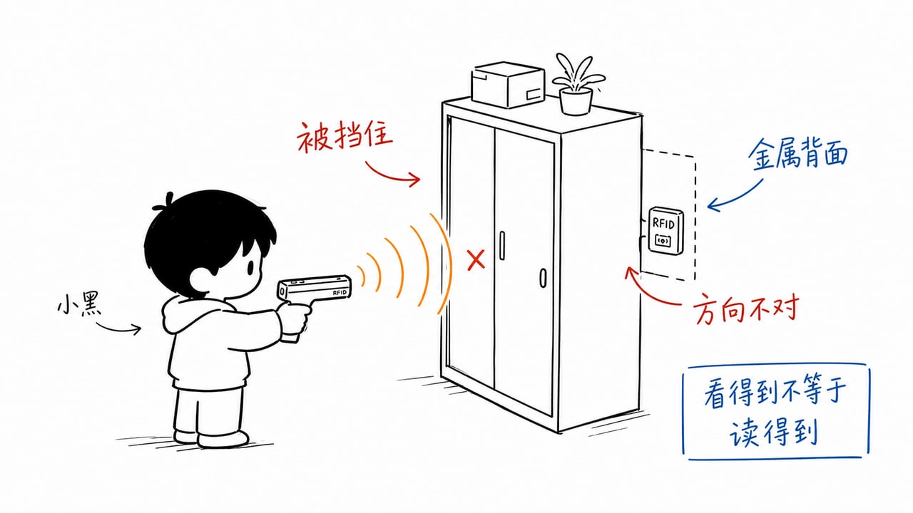 RFID固定资产盘点扫不到的遮挡示意图 RFID固定资产盘点扫不到的遮挡示意图