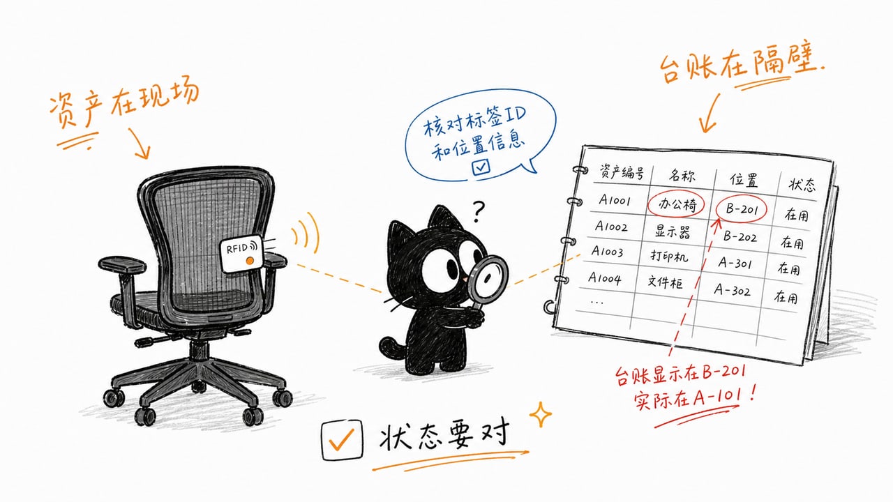 固定资产RFID标签和台账不一致示意图 固定资产RFID标签和台账不一致示意图